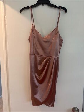 Lulus Rose Satin Slip Dress with Draped Skirt - Rose Bronze